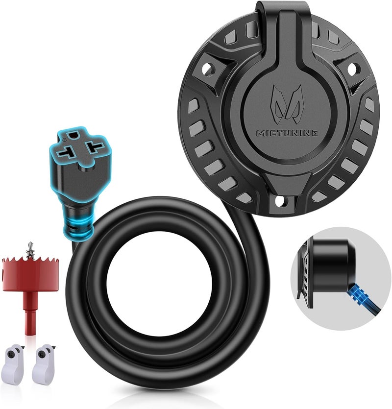 MICTUNING 15A 125V AC Port Plug, 5-in-1 T-Blade Adapter & 18'' Extension Cord, 12 AWG RV Power Inlet Socket-Low Port Outlet Heavy-Duty Shore Waterproof Outdoor Electrical Receptacle, with Hole Saw - Image 1